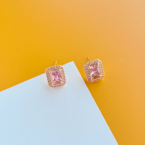 Aurora Gold Pink Crystal Stud Earrings by Alicia Bonnie - Picture 3 of 4